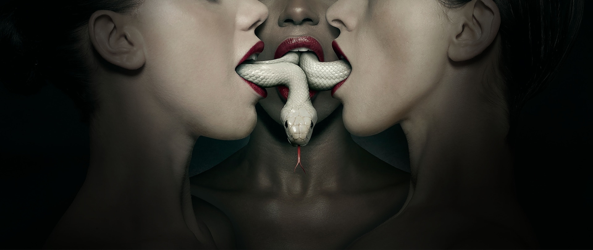 Long white snake crawling in and out of 3 women's red lipped mouths turned toward each other with snake head facing the front
